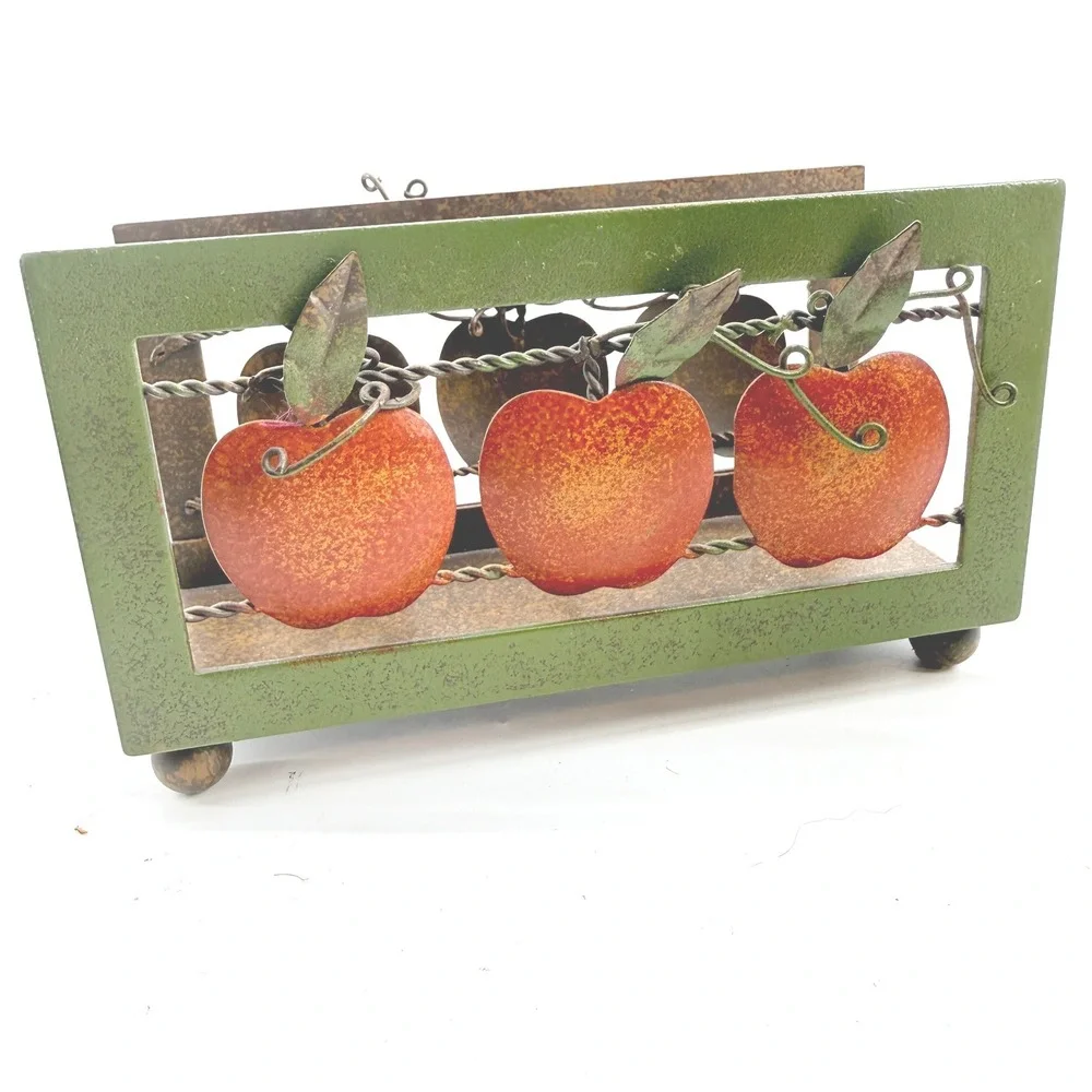 Metal Napkin Holder VTG 80 90 Red Apple Rustic Farmhouse Decor 2 5/8